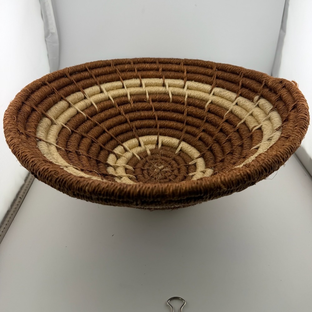 Handwoven Coiled Basket Bowl Brown Cream Boho Wall Decor Excellent
